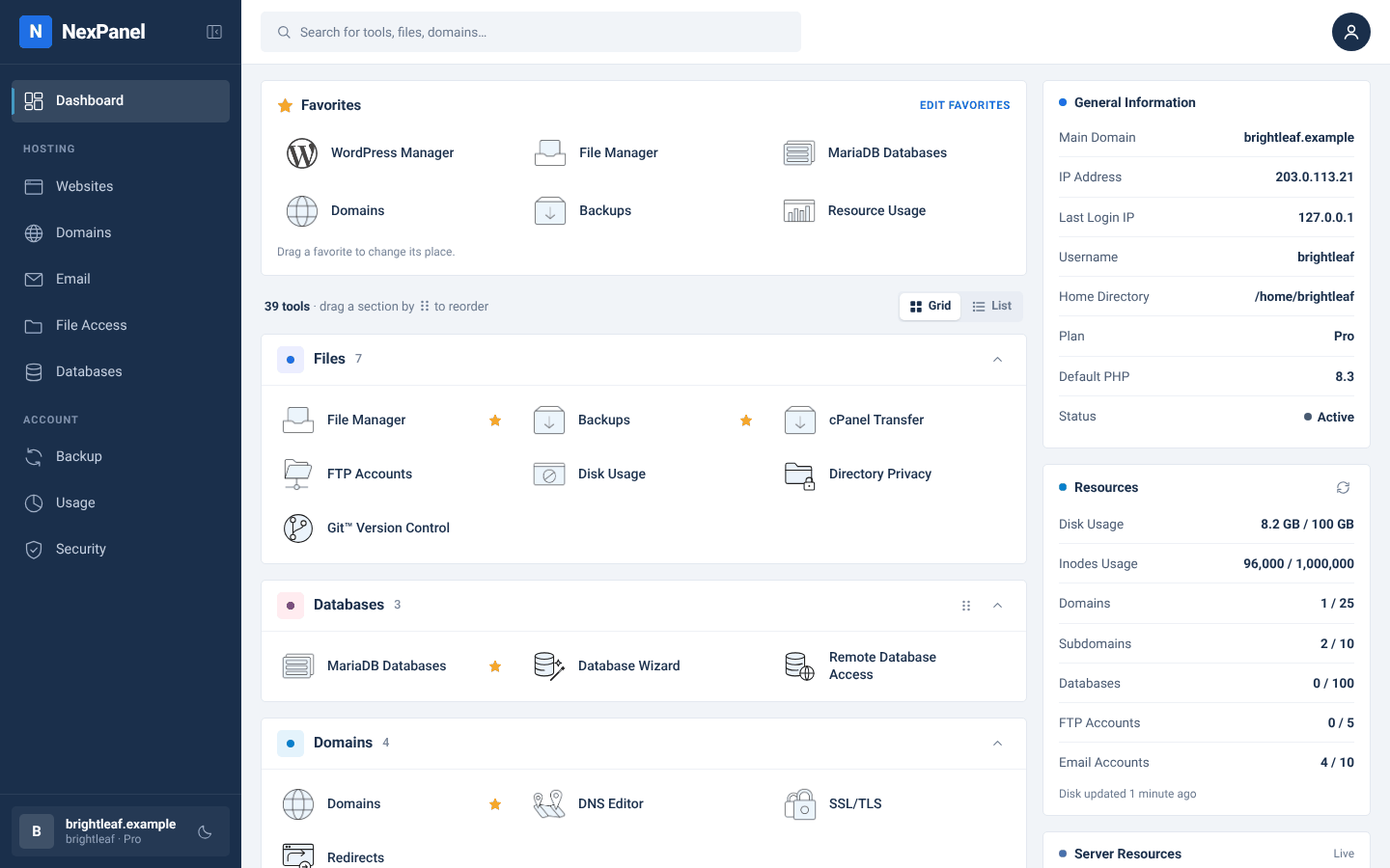 The NexPanel customer panel: favourite tools, tool groups and account usage