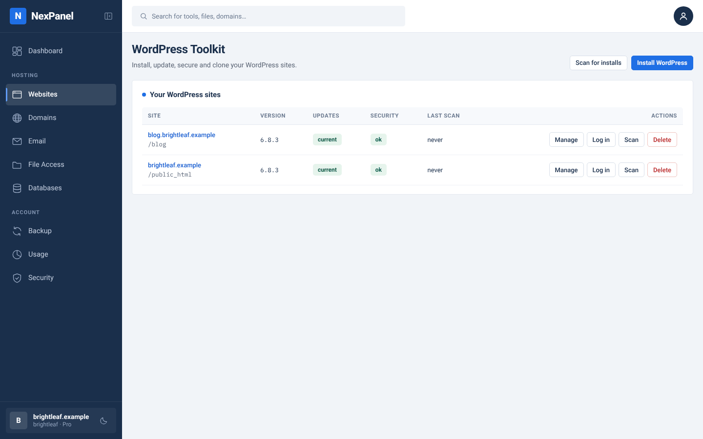 Customer panel: WordPress Manager